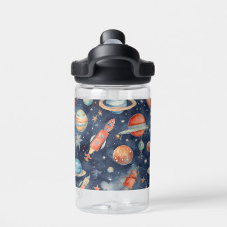 Cute Baby Boy Space Planet Watercolor Blue Orange Water Bottle