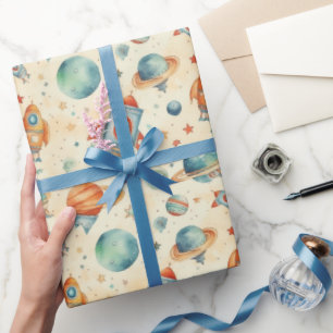 Cute Baby Boy Space Planet Watercolor Blue Orange Wrapping Paper