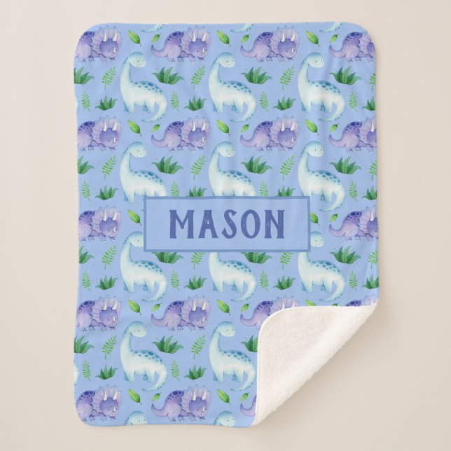 Cute Baby Boy Watercolor Dinosaur Personalized Sherpa Blanket (Front)