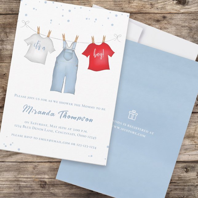 Cute Baby Boy Whimsical Denim Blue Clothesline Invitation (Creator Uploaded)