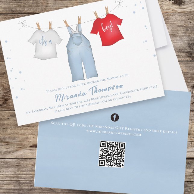 Cute Baby Boy Whimsical Denim Blue QR Code Invitation (Creator Uploaded)