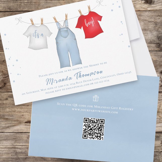 Cute Baby Boy Whimsical Denim Blue QR Code Invitation (Creator Uploaded)