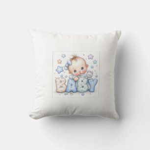 Cute Baby Boy with Teddy Bear & Stars Sweet Nurs Throw Pillow