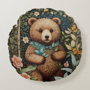 Cute Baby Brown Bear William Morris Inspired Round Pillow