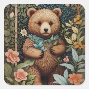 Cute Baby Brown Bear William Morris Inspired  Square Sticker