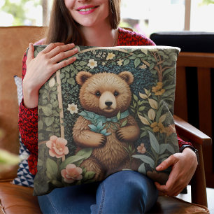 Cute Baby Brown Bear William Morris Inspired  Throw Pillow