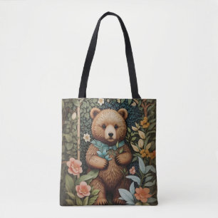 Cute Baby Brown Bear William Morris Inspired Tote Bag