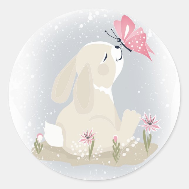 Cute baby Bunny and butterfly. Classic Round Sticker (Front)