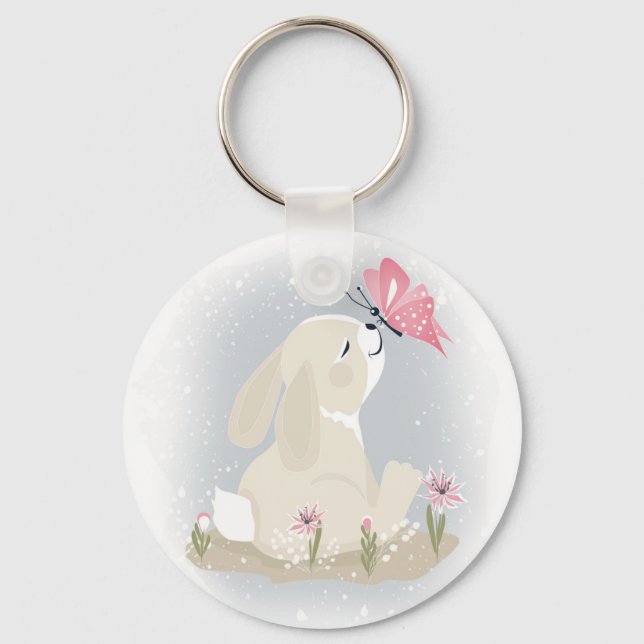 Cute baby Bunny and butterfly. Keychain (Front)