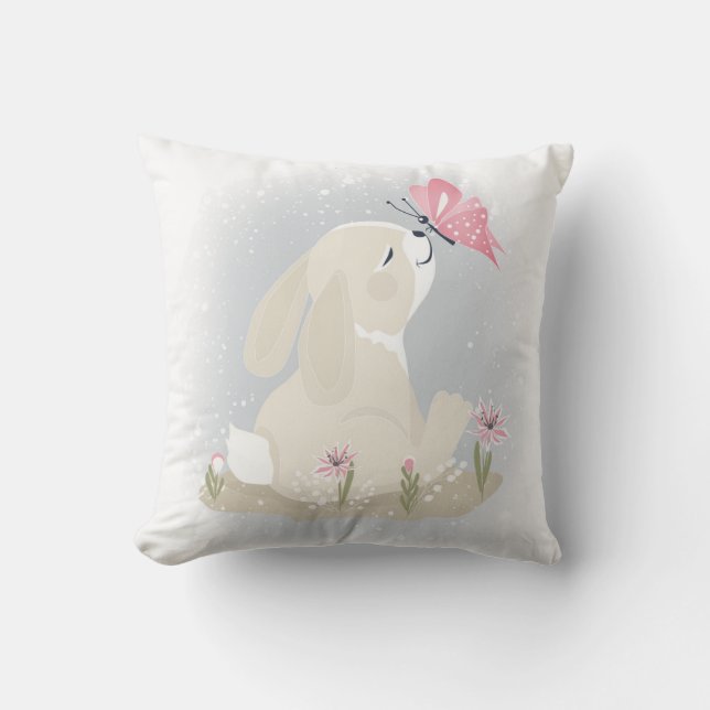 Cute baby Bunny and butterfly. Outdoor Pillow (Front)