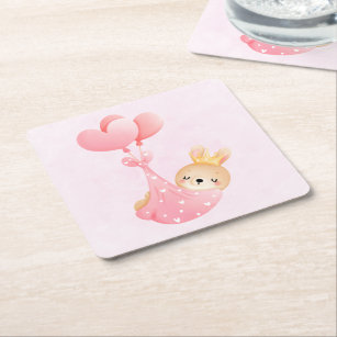 Cute Baby Bunny in a Heart Blanket Square Paper Coaster