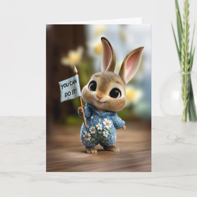 Cute Baby Bunny in Blue Romper Encouragement Card (Front)