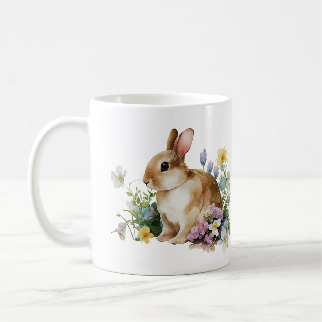 Cute Baby Bunny (Little Ears) with Flowers  Coffee Mug (Left)