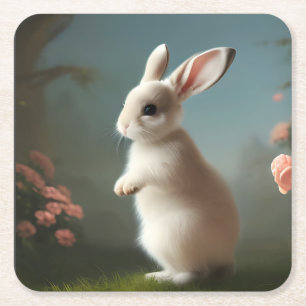 Cute Baby Bunny Portrait   Square Paper Coaster