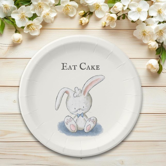 Cute Baby Bunny Rabbit with Blue Bow Tie Eat Cake Paper Plate (Creator Uploaded)