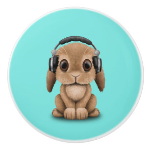 Cute Baby Bunny Wearing Headphones Ceramic Knob