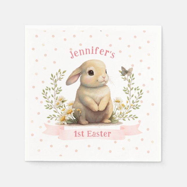Cute Baby Bunny with Butterfly 1st Easter Party Napkin (Front)
