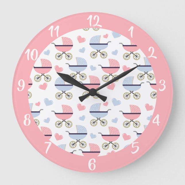 Cute Baby Carriage Blue Pink Pattern Nursery Large Clock (Front)