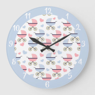 Cute Baby Carriage Pink Blue Pattern Nursery Large Clock