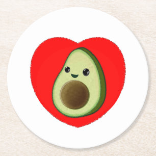 Cute Baby Cartoon Avocado In Red Heart Round Paper Coaster