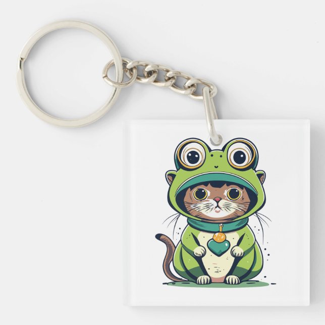 Cute Baby Cat with Frog Hat Keychain (Front)