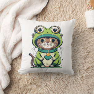 Cute Baby Cat with Frog Hat Throw Pillow