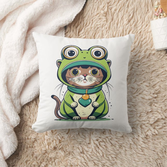 Cute Baby Cat with Frog Hat Throw Pillow (Blanket)