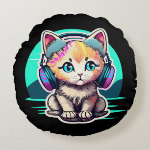 Cute Baby Cat with Headphones Round Pillow