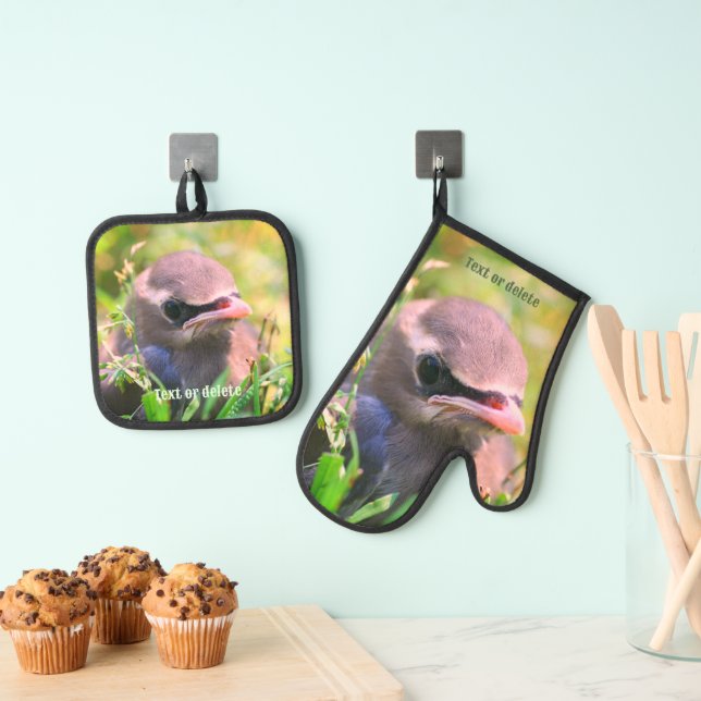 Cute Baby Cedar Waxwing Bird Personalized Oven Mitt & Pot Holder Set (Insitu(Hanging))