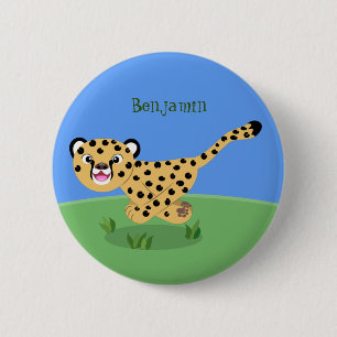 Cute baby cheetah running cartoon illustration 2 inch round button