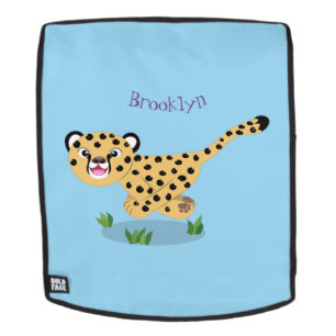 Cute baby cheetah running cartoon illustration backpack