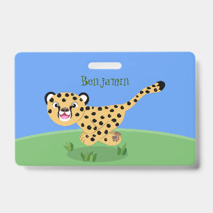 Cute baby cheetah running cartoon illustration badge
