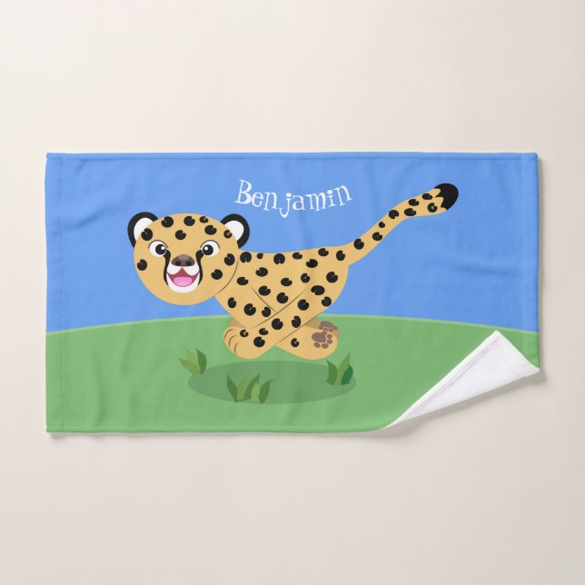 Cute baby cheetah running cartoon illustration bath towel set (Hand Towel)