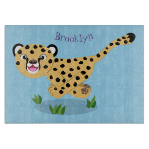 Cute baby cheetah running cartoon illustration cutting board