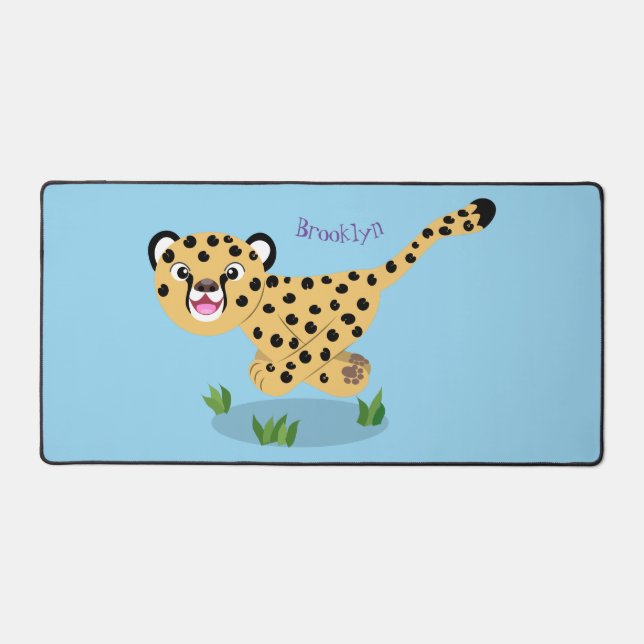 Cute baby cheetah running cartoon illustration desk mat (Front)