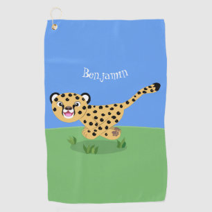 Cute baby cheetah running cartoon illustration golf towel