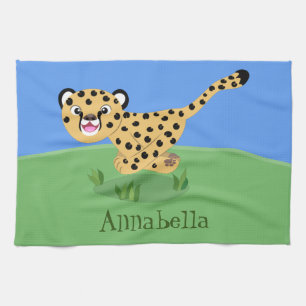 Cute baby cheetah running cartoon illustration kitchen towel
