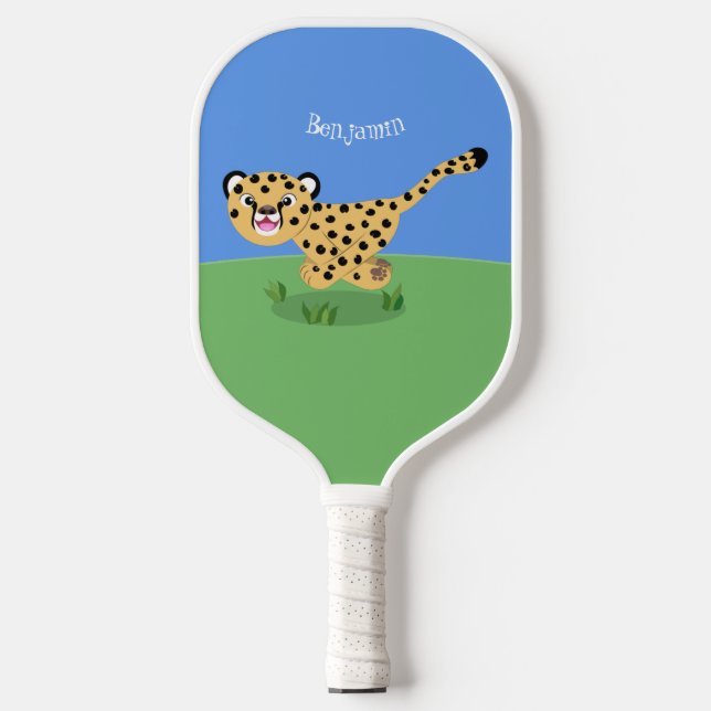 Cute baby cheetah running cartoon illustration pickleball paddle (Front)