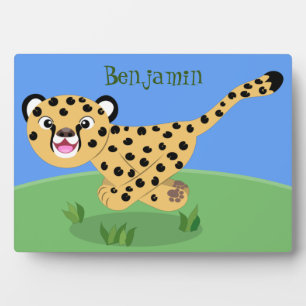 Cute baby cheetah running cartoon illustration plaque