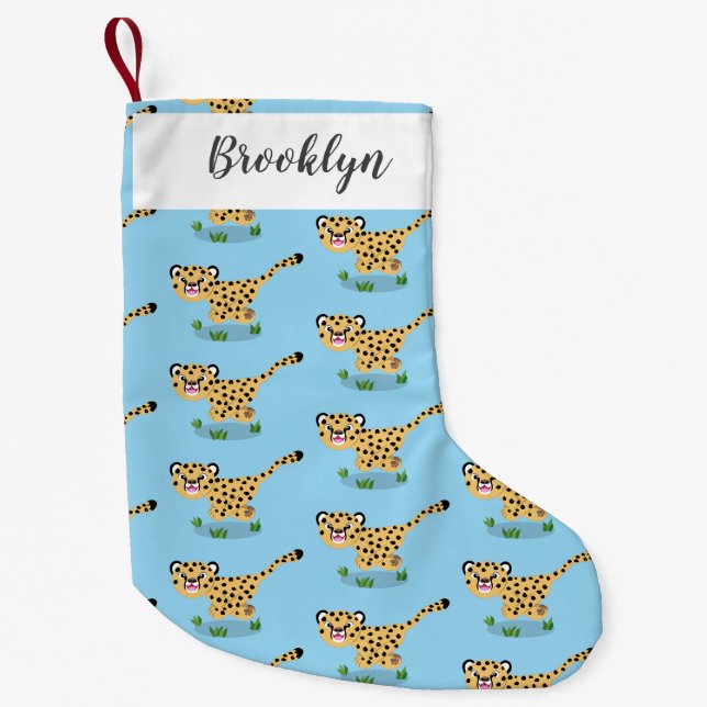 Cute baby cheetah running cartoon illustration small christmas stocking (Front)