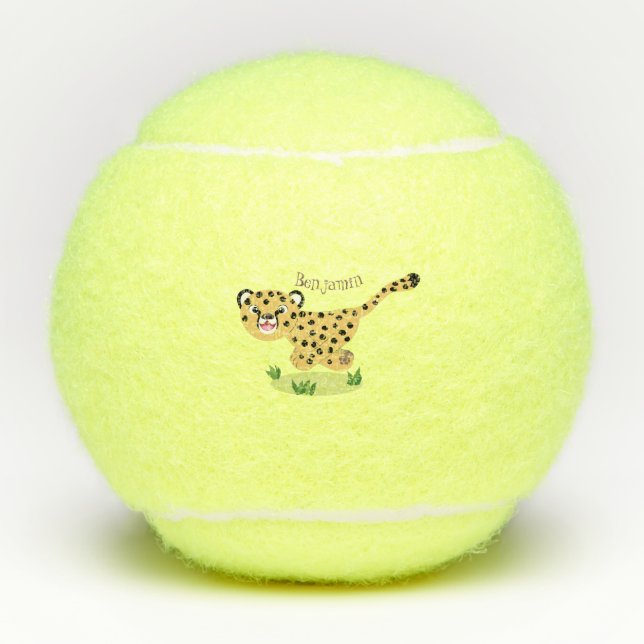 Cute baby cheetah running cartoon illustration tennis balls (Front)