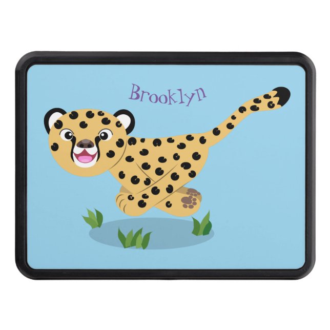 Cute baby cheetah running cartoon illustration trailer hitch cover (Front)