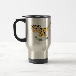 Cute baby cheetah running cartoon illustration travel mug