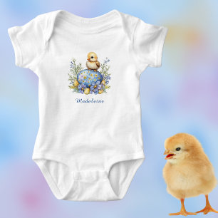 Cute Baby Chick Easter Egg Blue Yellow Monogram Bodysuit