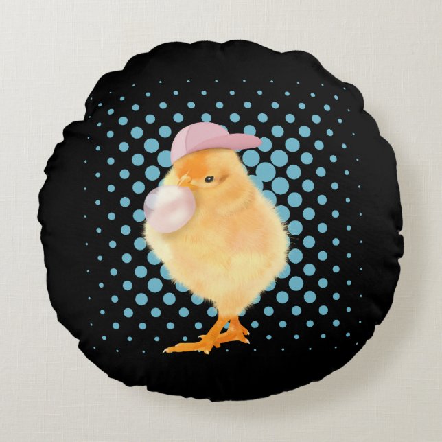 Cute Baby Chick Pink Bubblegum Round Pillow (Front)