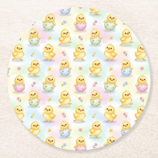 Cute Baby Chick Watercolor Easter Round Paper Coaster (Front)