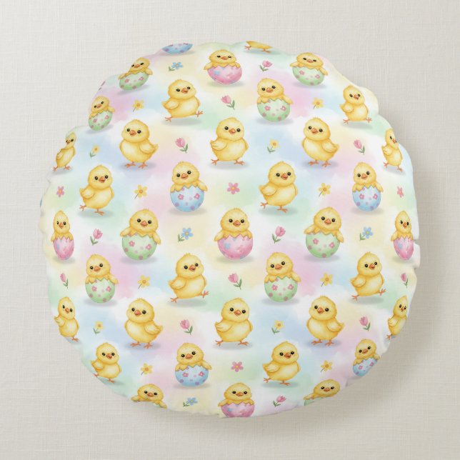 Cute Baby Chick Watercolor Easter Round Pillow (Front)