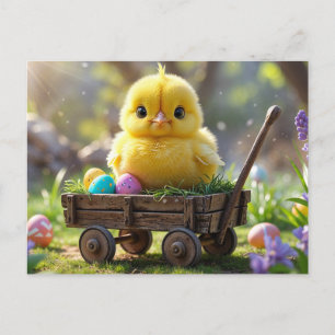 Cute Baby Chick with Easter Eggs and Wagon Holiday Postcard