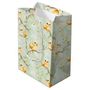 Cute Baby Chicks Mint Green Spring Floral Pattern Medium Gift Bag