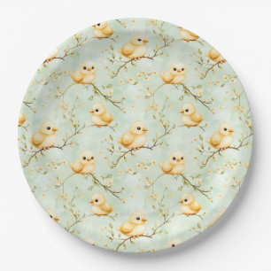 Cute Baby Chicks Mint Green Spring Floral Pattern Paper Plate